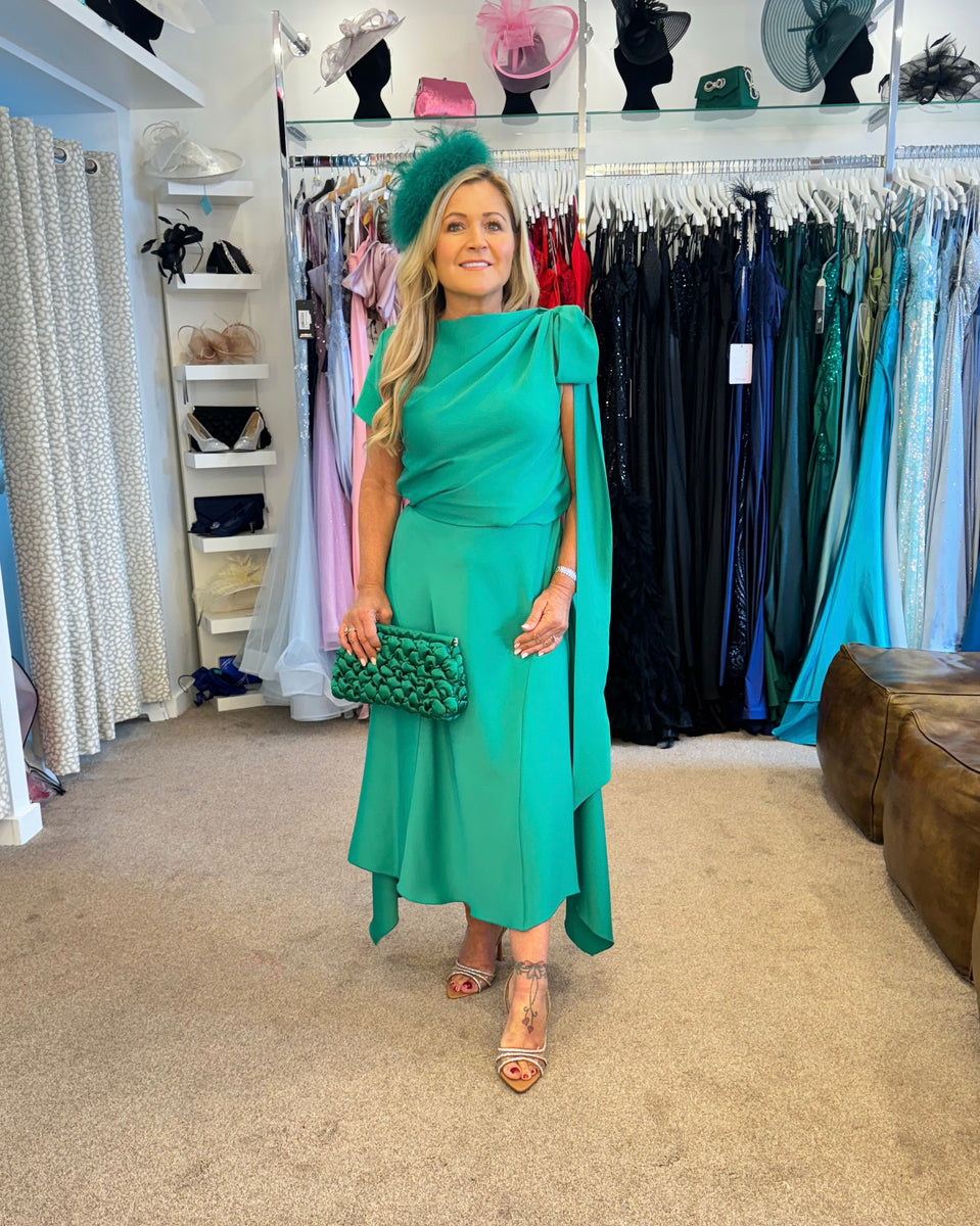 slim fit dress slacks Kevan Jon Didi drape dress in Emerald green – Deja Elite Boutique