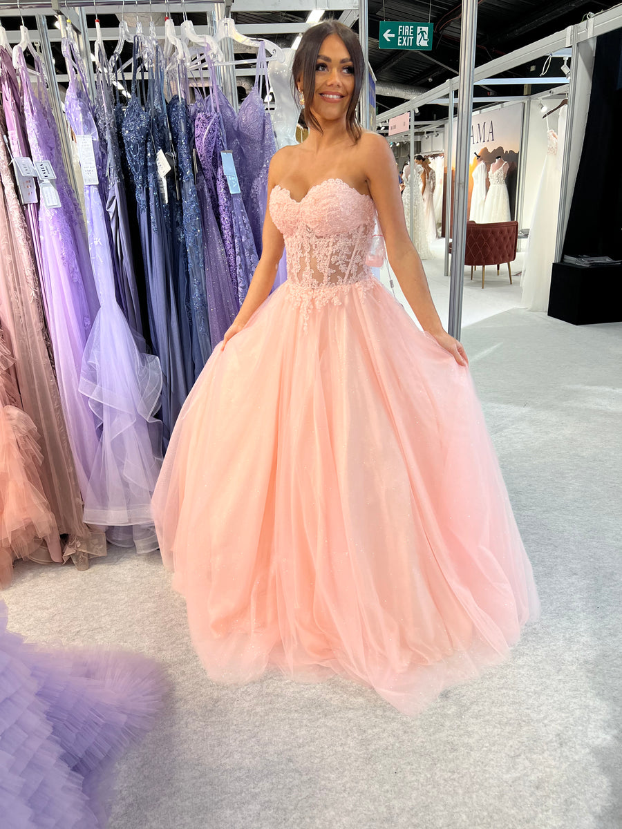 Ball Gown Blush Grad Dresses Cap Sleeve Pink Lace Ball Gown Prom