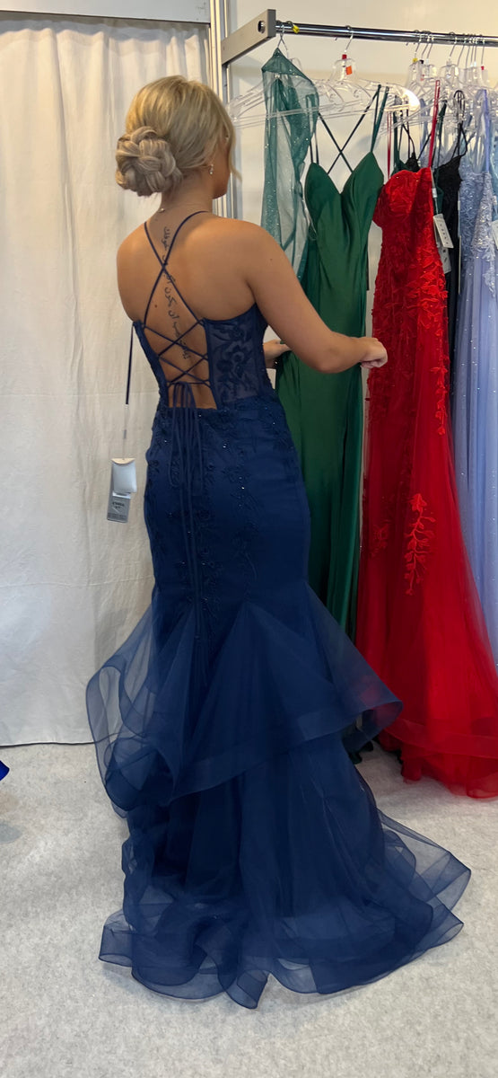 Navy mermaid best sale prom dress