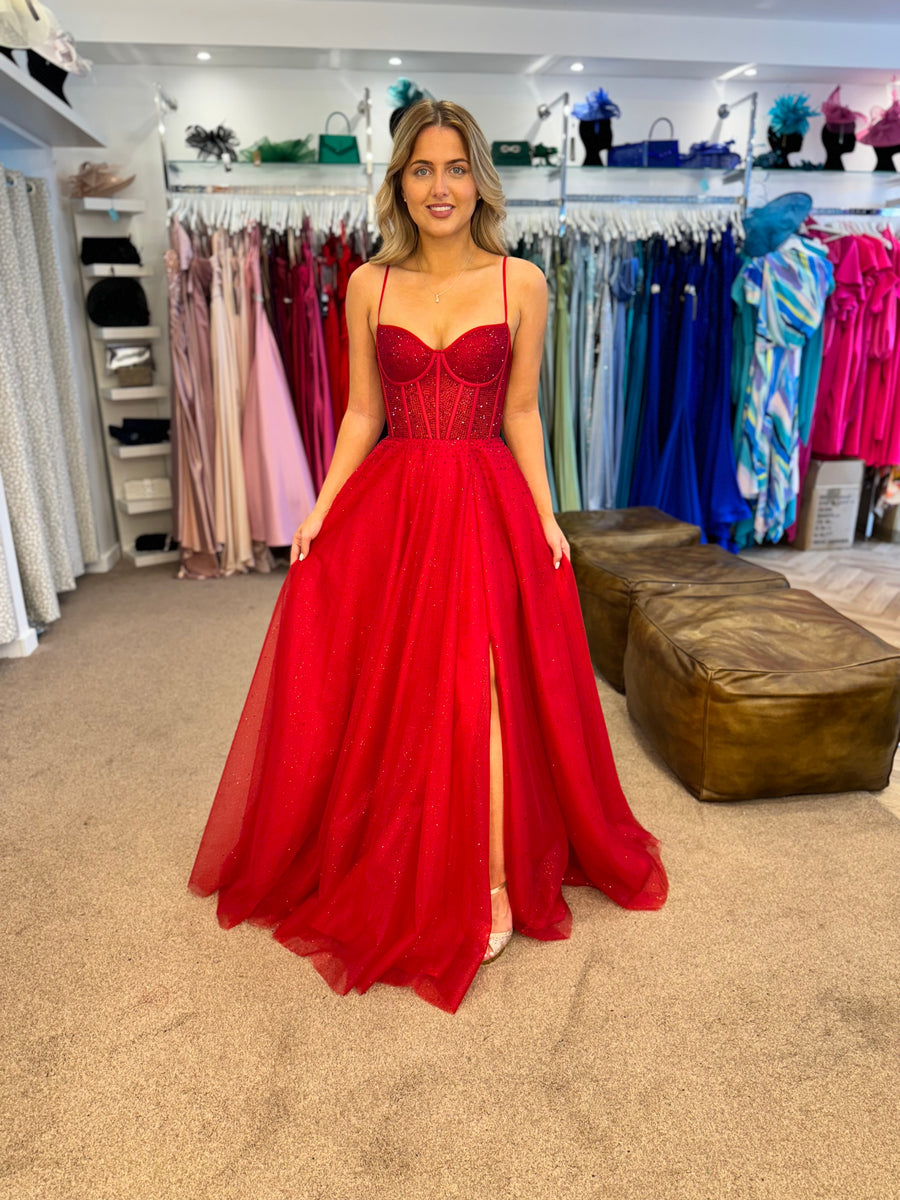 Suzie by Tiffanys diamante tulle prom dress red, teal and black