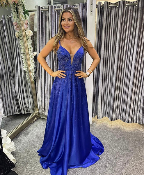 Astrid hot fix Diamante A line royal blue satin prom dress ON SALE - one off size US 4fits to UK 6-8