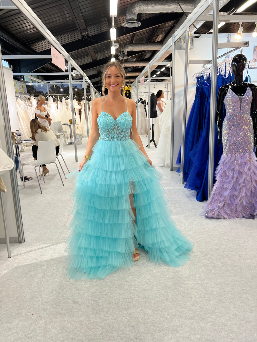 evita london prom dresses Evita London candy pink ruffle prom dress  Deja Elite Boutique