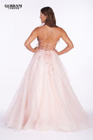Millie blush pink flower appliqué backless prom dress ballgown