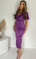 Angel sleeve satin twist midi dress in violet purple