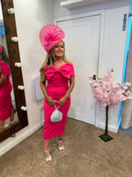Kevan Jon Boo bow Bardot midi dress in hot pink