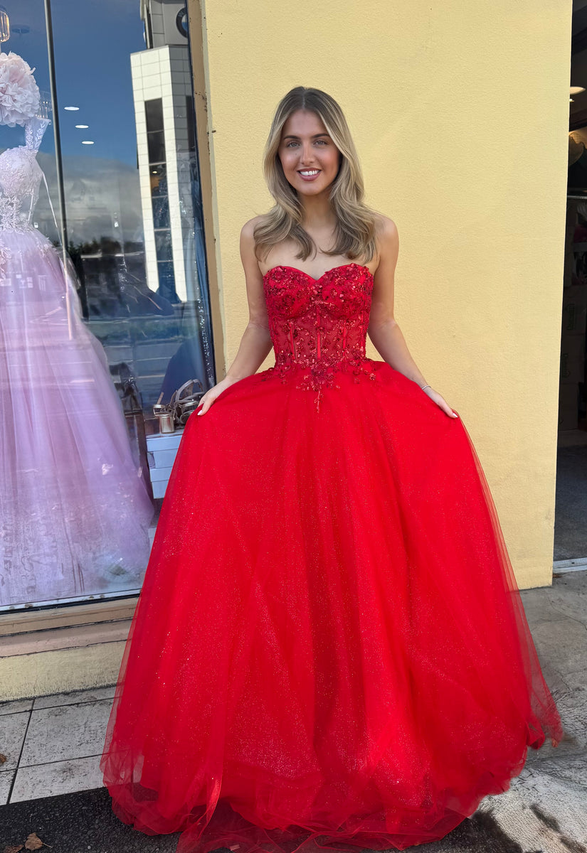 Leila red strapless prom dress ballgown  Deja Elite Boutique