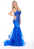 Gabrielle fishtail prom dress in teal, royal, smoke blue