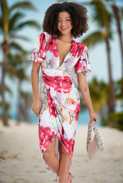 Forever Angel sleeve slinky crossover midi dress in passion flower  print