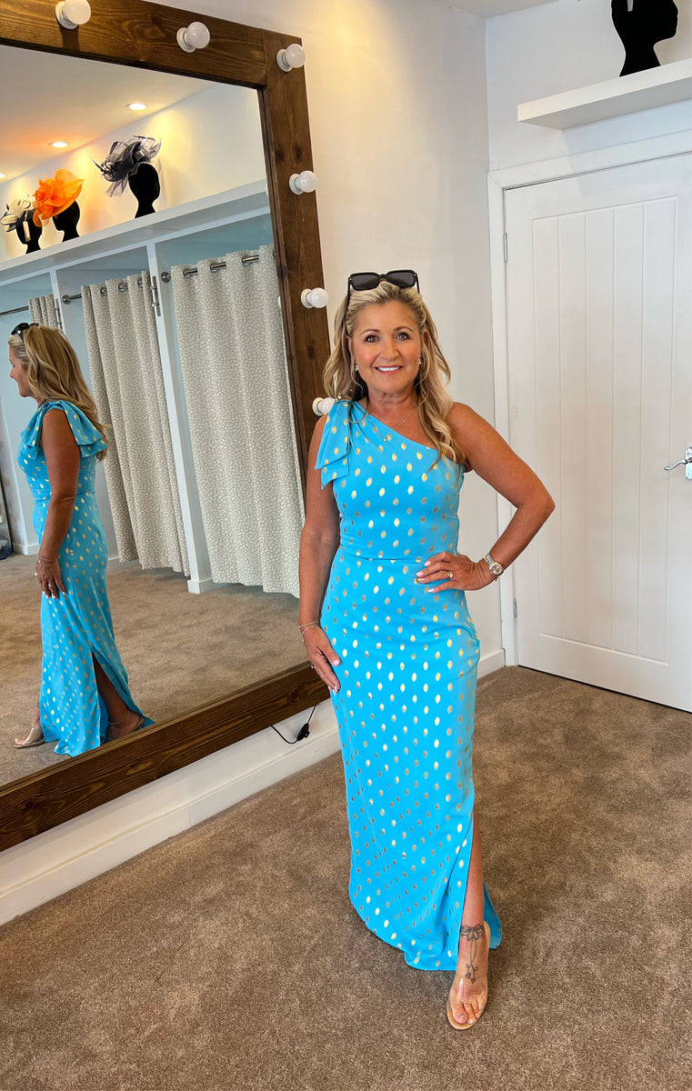 Nancy gold spot turquoise one shoulder Bow detail maxi dress – Deja Elite  Boutique