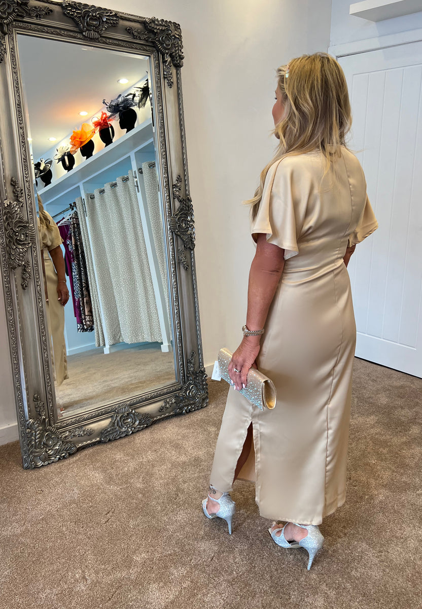 sachin and babi light blue dress Lisa | Spaghetti Cami Strap Satin Champagne Midi Dress main image 1
