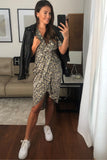 Chelsea half sleeve gold print wrap high low midi dress