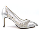 Lunar Argo diamante mesh low heel court shoes silver
