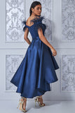 Gina off shoulder feather high low dress - navy