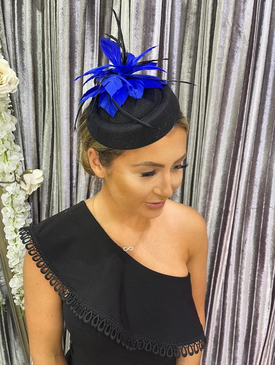 Kent pillar box ROYAL blue feather black fascinator Deja Elite Boutique