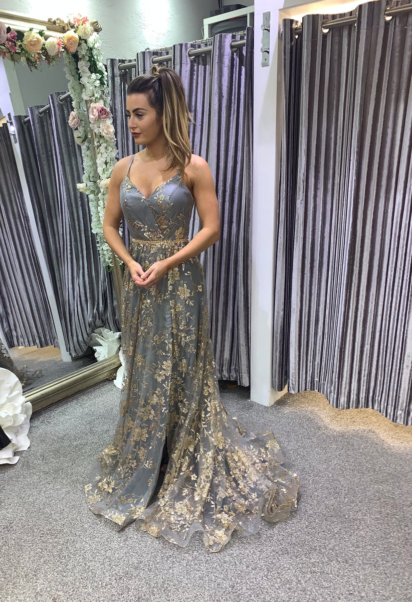 Pandora silver and gold ballgown prom dress Deja Elite Boutique Pandora silver and gold ballgown prom dress Deja Elite Boutique