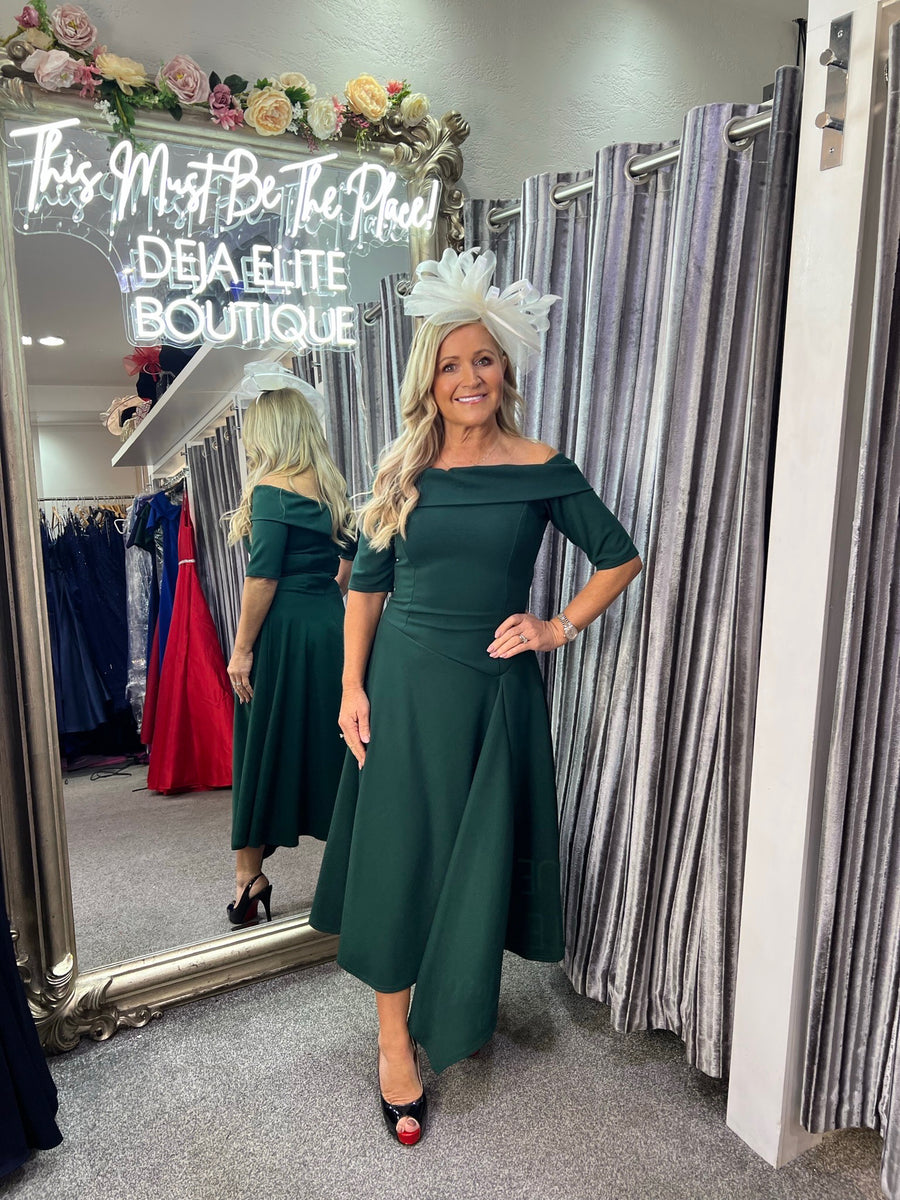 Lorelle asymmetric hemline Bardot midi skater dress in Hunter green – Deja  Elite Boutique
