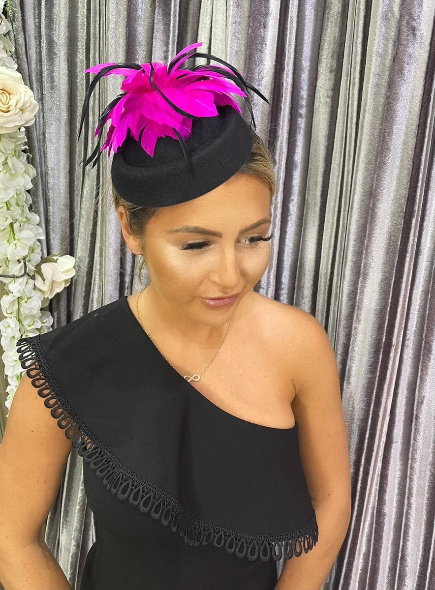 Kent pillar box FUCHSIA feather black fascinator Deja Elite Boutique