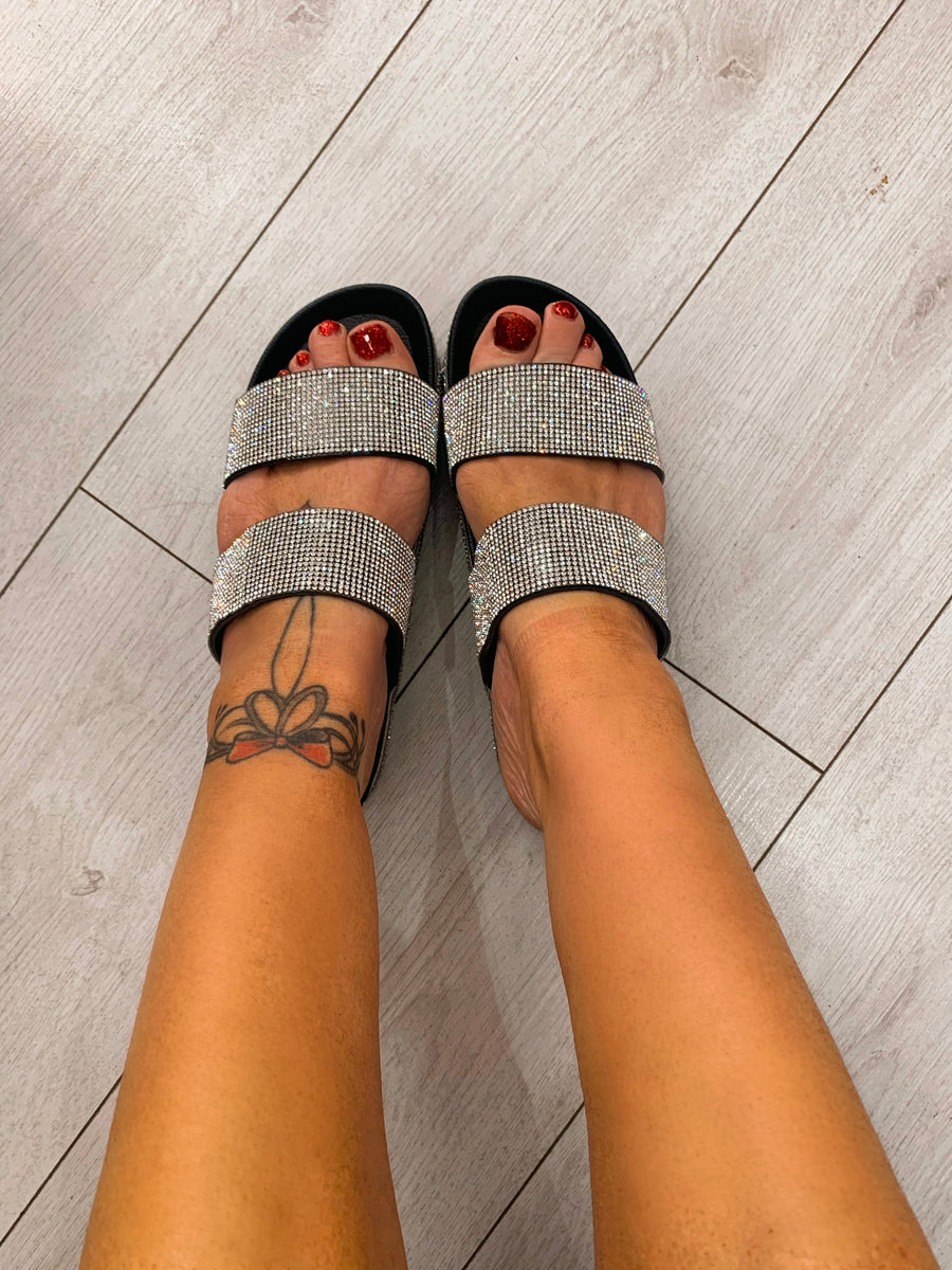 Cammy Diamante double buckle sliders sandals black – Deja Elite