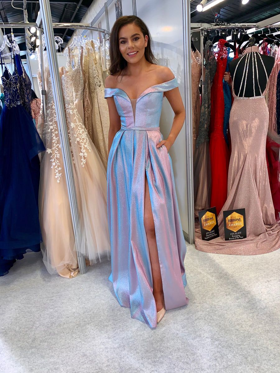 Cara two tone pink /blue prom dress Bardot ballgown Deja Elite Boutique Cara two tone pink /blue prom dress Bardot ballgown Deja Elite Boutique