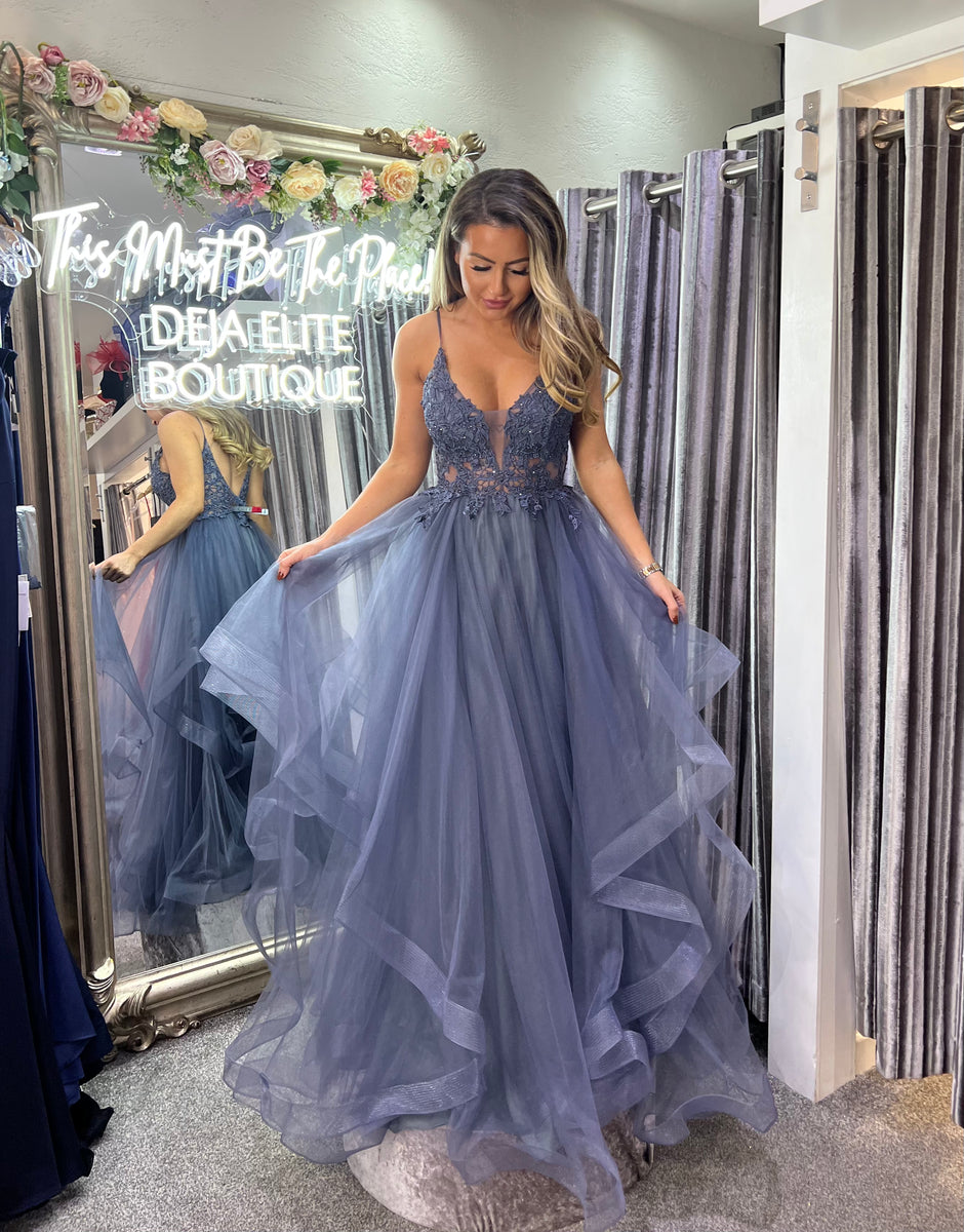 Dakota charcoal flutter layered prom dress ballgown Deja Elite
