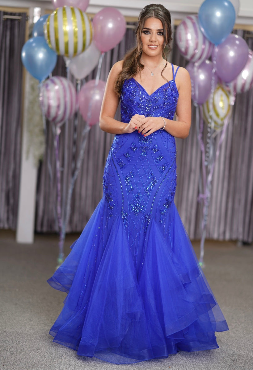 Casey cobalt fishtail prom dress Deja Elite Boutique