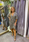 Chelsea half sleeve gold print wrap high low midi dress