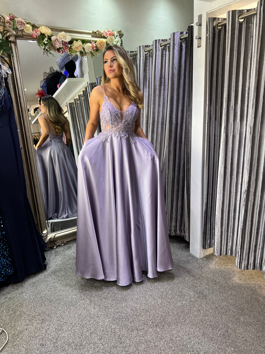Darla embellished satin a line ballgown prom dress in lavender – Deja