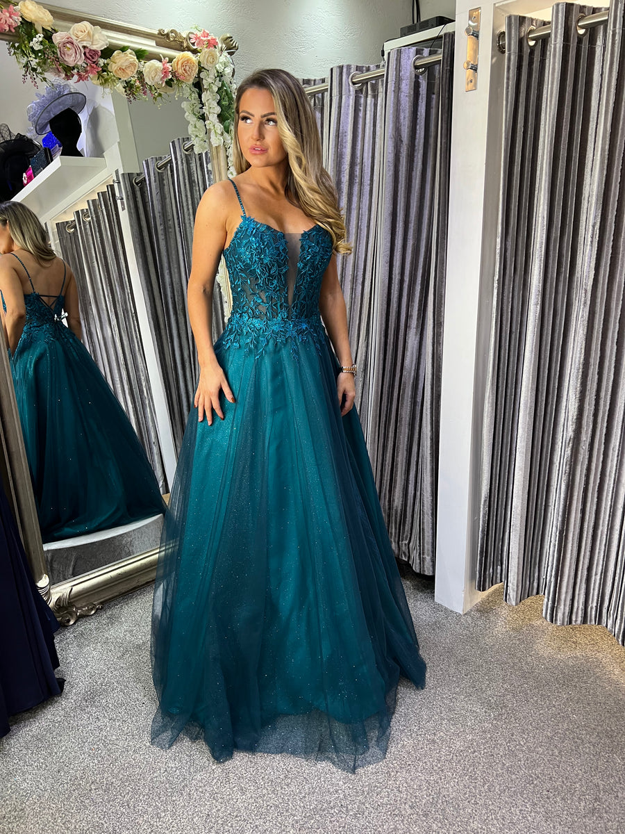 Teal and 2024 white prom dresses