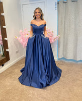 Carey navy satin Bardot ballgown prom dress