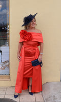 Kris satin midi dress with removable over skirt by Kevan Jon tangerine