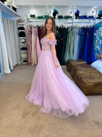 Glinda by Tiffany’s tulle bardot prom dress in baby blue, lilac