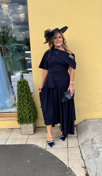 navy blue midi skater dress ASOS DESIGN Tall high neck pleated long sleeve midi skater dress with embroidery in navy