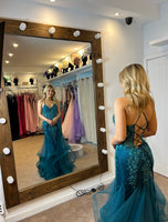 Gabrielle fishtail prom dress in teal, royal, smoke blue