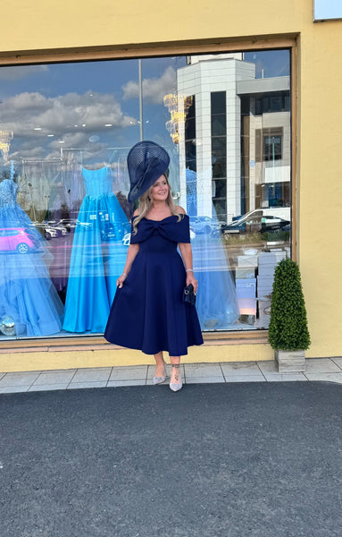navy bardot skater dress Law of Attraction | NAVY Bardot Draped Split Maxi Dress