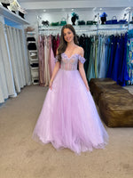 Glinda by Tiffany’s tulle bardot prom dress in baby blue, lilac