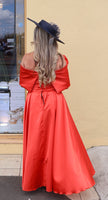 Kris satin midi dress with removable over skirt by Kevan Jon tangerine