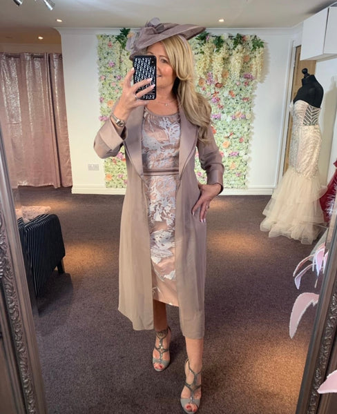 Olivia two piece suit in taupe, chiffon coat and shift dress set