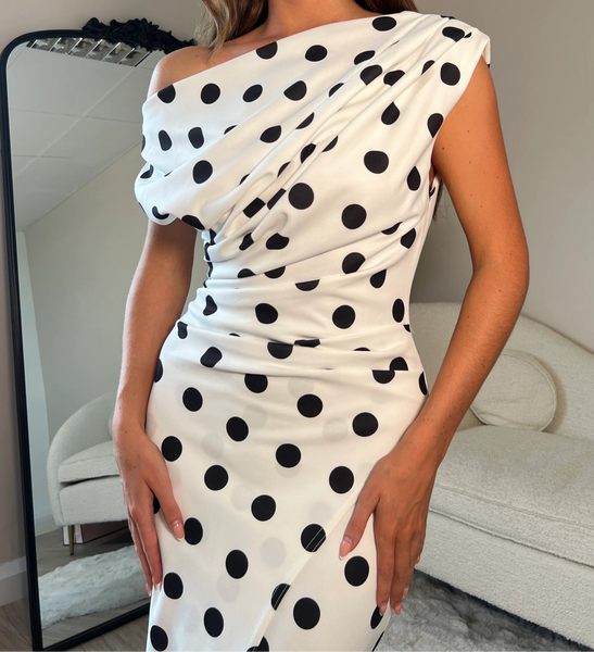 Arianna asymmetric midi polka dot midi dress Deja Elite Boutique Arianna asymmetric midi polka dot midi dress Deja Elite Boutique