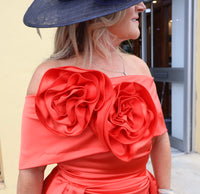 Kris satin midi dress with removable over skirt by Kevan Jon tangerine