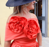 Kris satin midi dress with removable over skirt by Kevan Jon tangerine