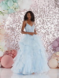 Darla  by Tiffanys layered prom dress 3 colours heather, light blue, navy