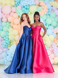 Acacia satin prom dress by Tiffanys in green, red, navy