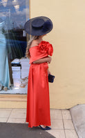 Kris satin midi dress with removable over skirt by Kevan Jon tangerine
