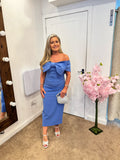 Kevan Jon Boo bow Bardot midi dress in cornflour blue