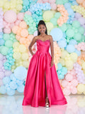 Acacia satin prom dress by Tiffanys in green, red, navy