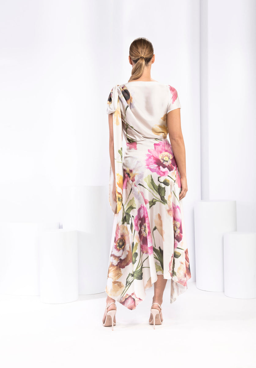 Kevan Jon Didi drape dress in champagne floral – Deja Elite Boutique