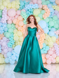 Acacia satin prom dress by Tiffanys in green, red, navy