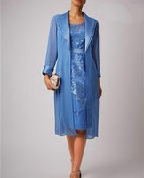 Olivia two piece suit in cornflour blue, chiffon coat and shift dress set