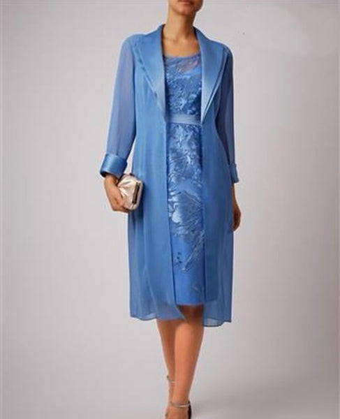 Olivia two piece suit in cornflour blue, chiffon coat and shift dress set