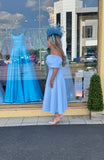 Bonita Bow Bardot skater midi dress in baby blue